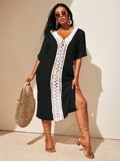 Swim Lushoire Plus Size Women's Vacation Solid Color Hollow Out Loose Fit Straight Cover Up Dress With V-Neck Short Sleeves,Summer Beach