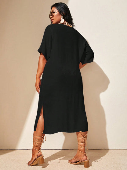 Swim Lushoire Plus Size Women's Vacation Solid Color Hollow Out Loose Fit Straight Cover Up Dress With V-Neck Short Sleeves,Summer Beach
