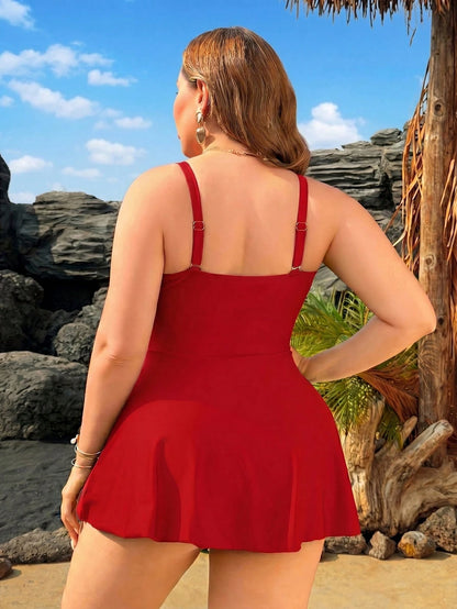 Swim Lushoire Plus Size Women Solid Color One-Piece Twist Ruffle Hem Swimdress, Casual & Vacation Wear