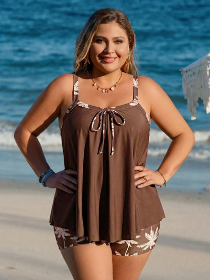 Swim Lushoire Plus Size Women Summer Beach Palm Tree Print Tankini Set