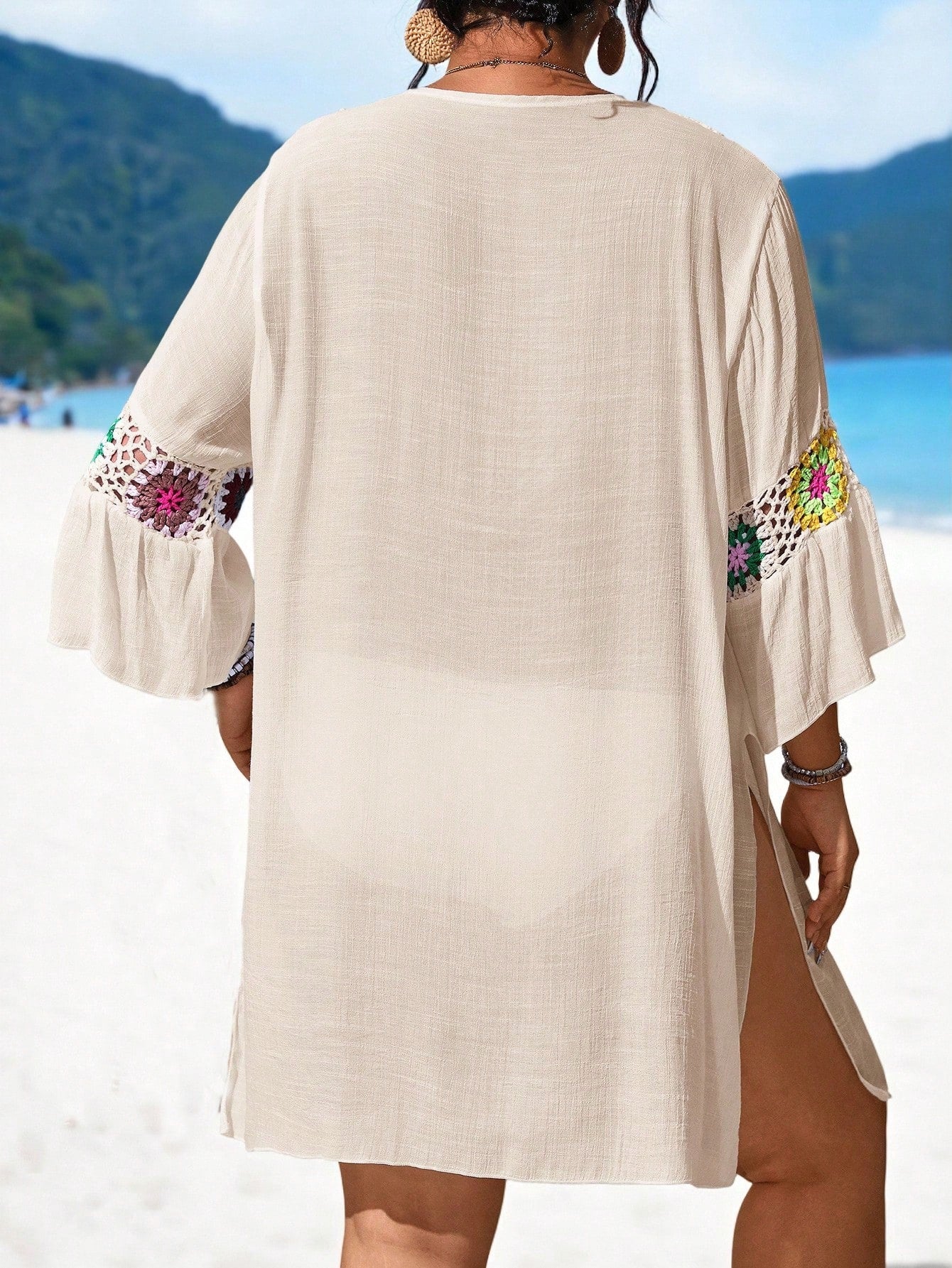 Swim Lushoire Plus Size Women V-Neck Handmade Crochet Hollow Out Sexy Slim Fit Side Slit Lightweight Beach Dress For Summer Beach Vacation
