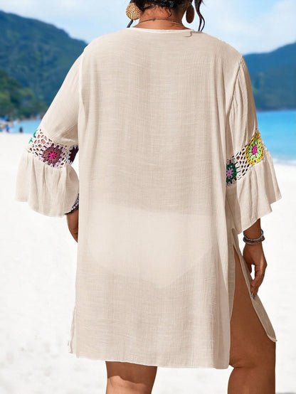 Swim Lushoire Plus Size Women V-Neck Handmade Crochet Hollow Out Sexy Slim Fit Side Slit Lightweight Beach Dress For Summer Beach Vacation