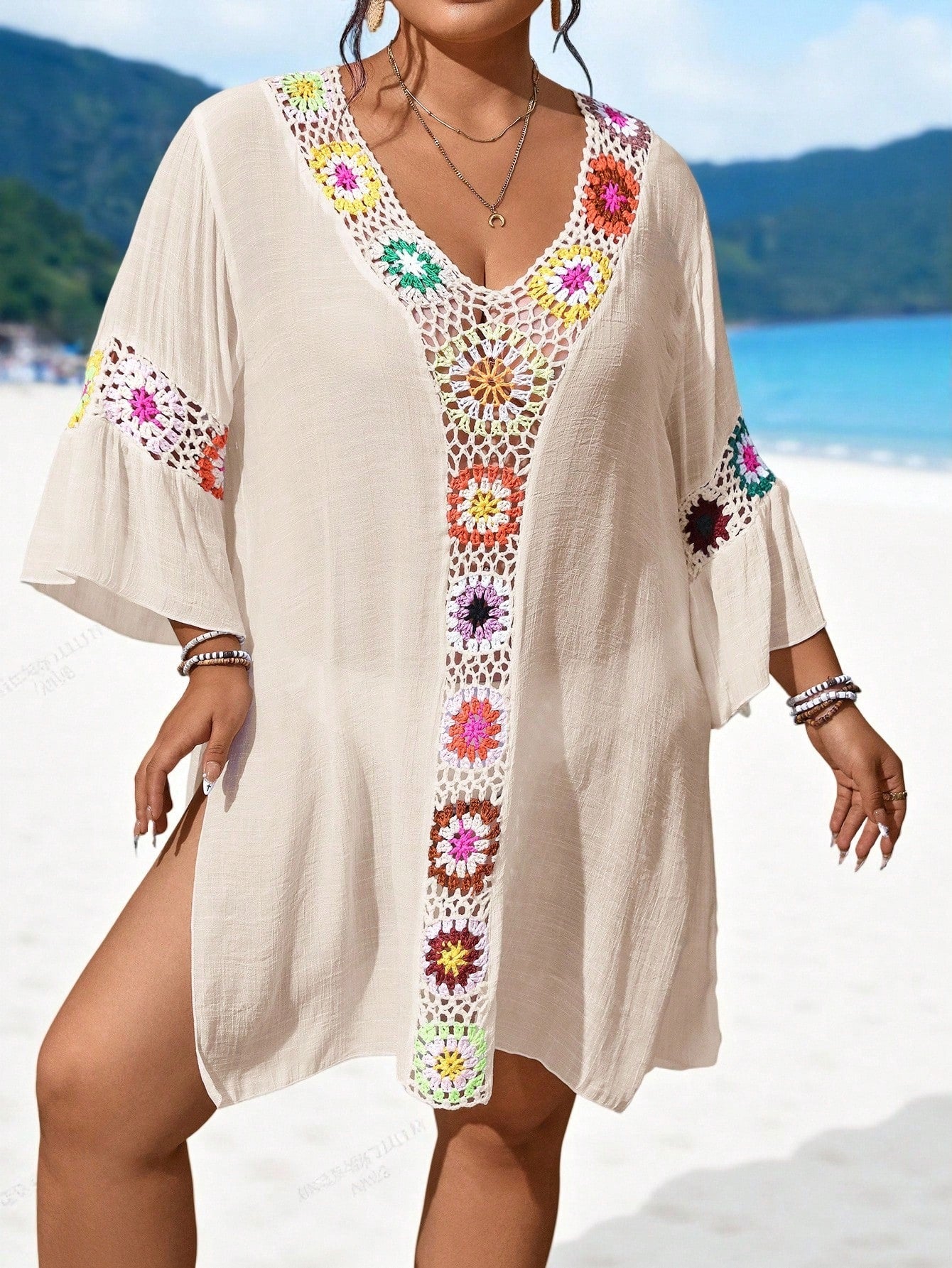 Swim Lushoire Plus Size Women V-Neck Handmade Crochet Hollow Out Sexy Slim Fit Side Slit Lightweight Beach Dress For Summer Beach Vacation