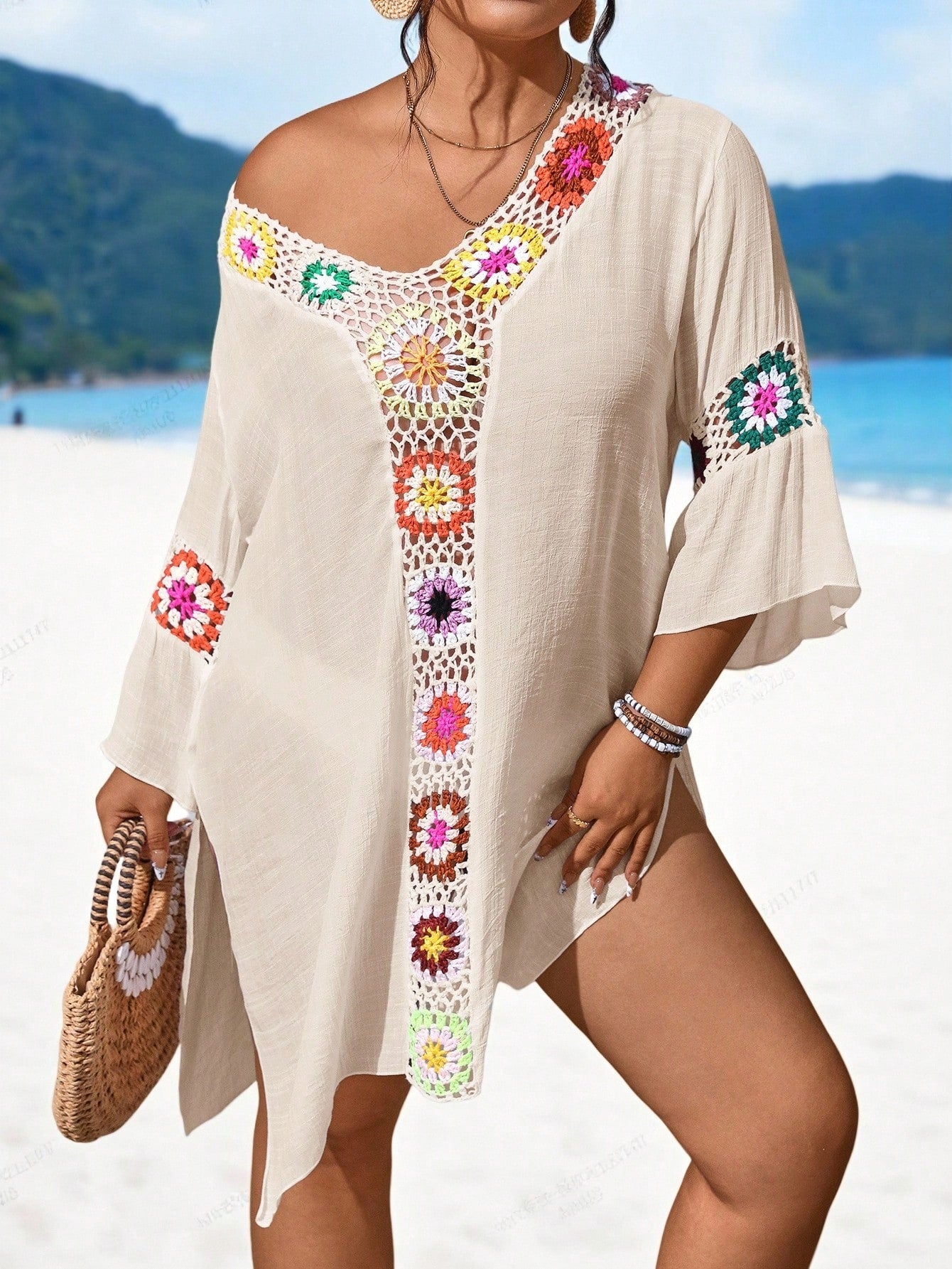 Swim Lushoire Plus Size Women V-Neck Handmade Crochet Hollow Out Sexy Slim Fit Side Slit Lightweight Beach Dress For Summer Beach Vacation