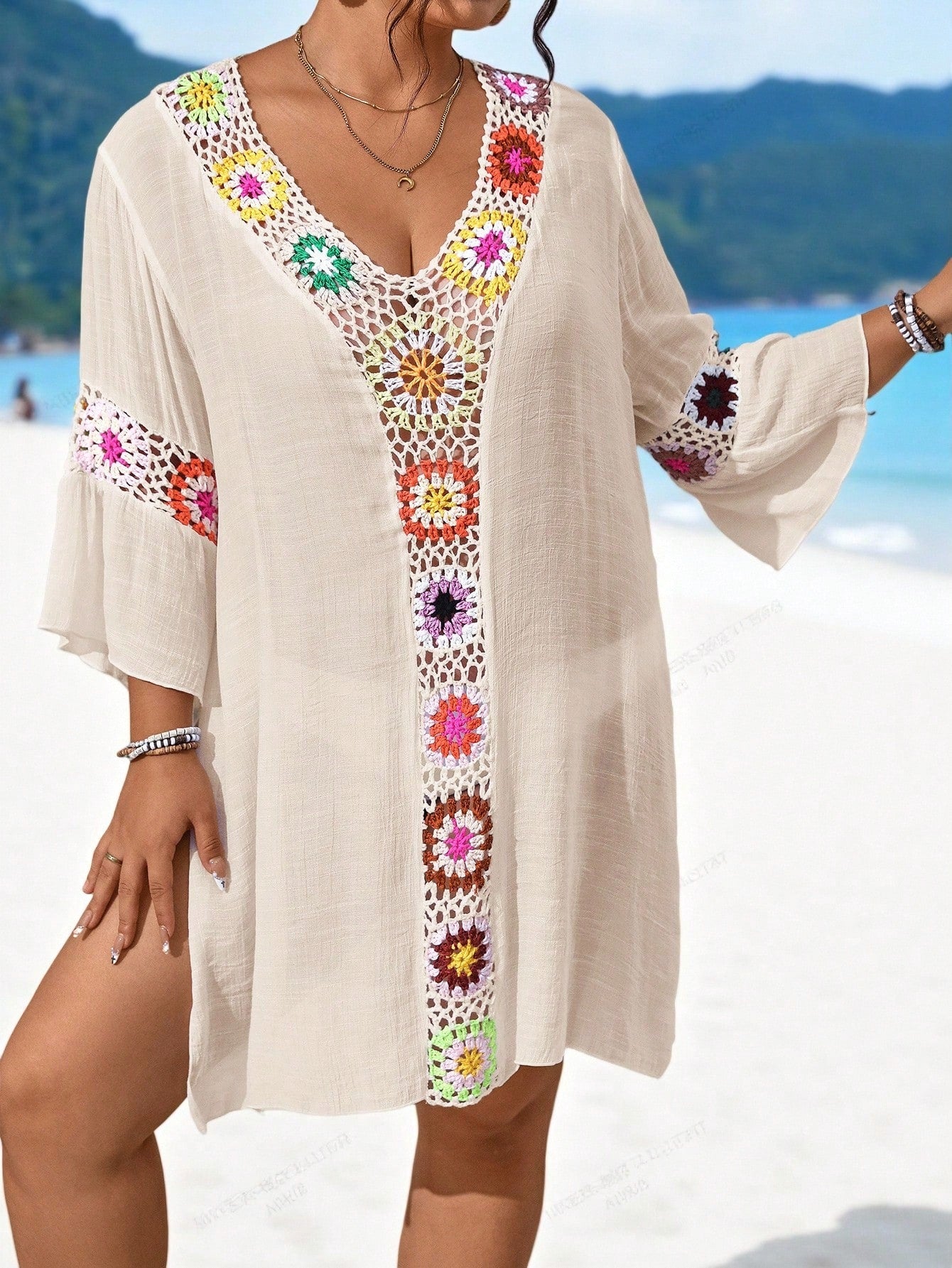 Swim Lushoire Plus Size Women V-Neck Handmade Crochet Hollow Out Sexy Slim Fit Side Slit Lightweight Beach Dress For Summer Beach Vacation