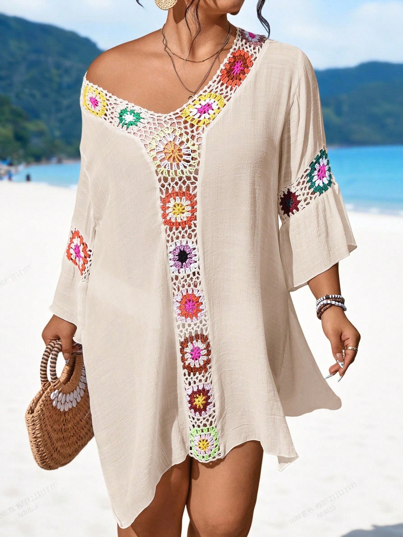 Swim Lushoire Plus Size Women V-Neck Handmade Crochet Hollow Out Sexy Slim Fit Side Slit Lightweight Beach Dress For Summer Beach Vacation