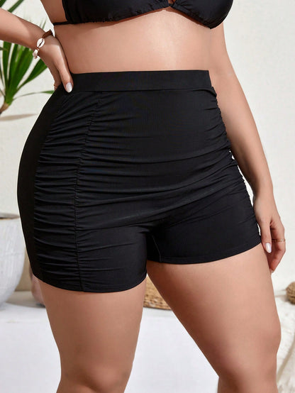 Swim Lushoire Summer Beach Plus Size Solid Color High Waisted Pleated Swimwear Shorts