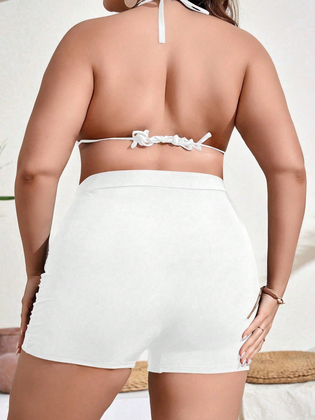 Swim Lushoire Summer Beach Plus Size Solid Color High Waisted Pleated Swimwear Shorts