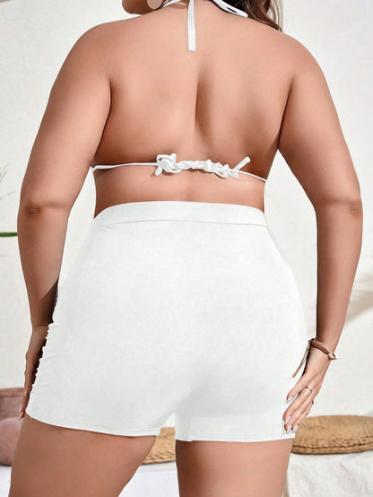 Swim Lushoire Summer Beach Plus Size Solid Color High Waisted Pleated Swimwear Shorts