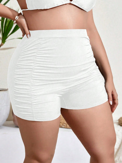 Swim Lushoire Summer Beach Plus Size Solid Color High Waisted Pleated Swimwear Shorts