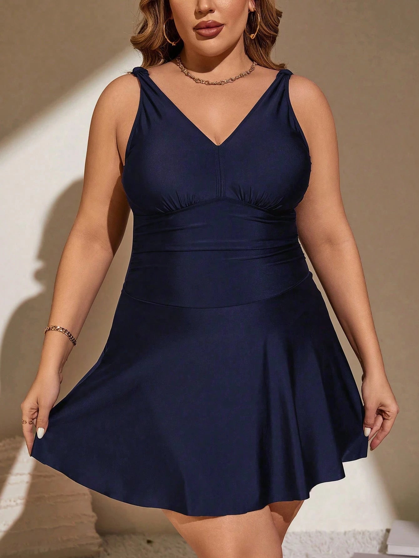 Swim Lushoire Summer Beach Plus Size Solid Color V-Neck One-Piece Swimsuit With Waist Cincher