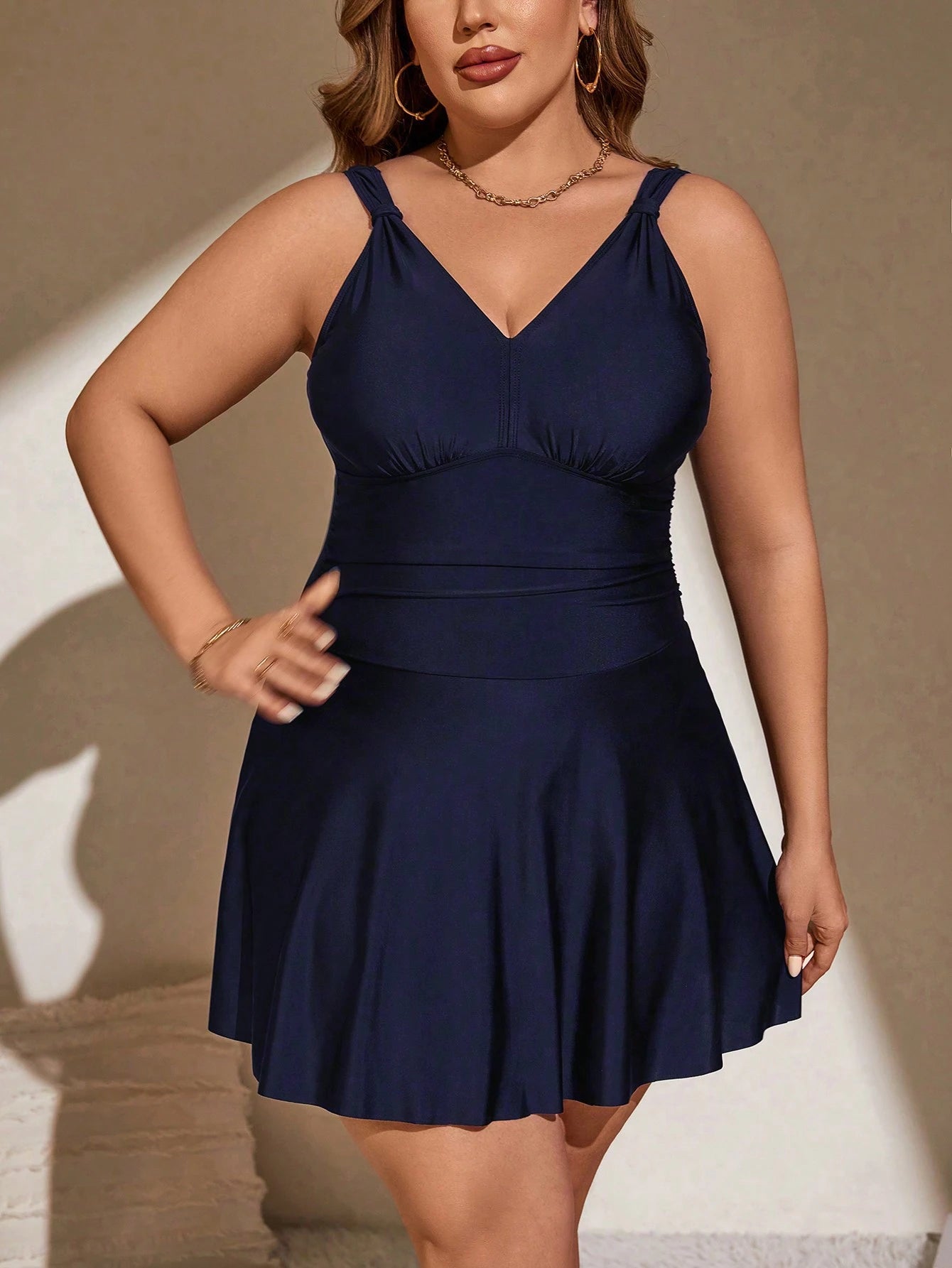 Swim Lushoire Summer Beach Plus Size Solid Color V-Neck One-Piece Swimsuit With Waist Cincher