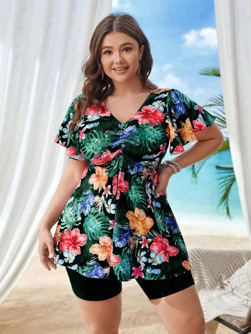 Swim Lushoire Summer Beach Plus Size Tropical Print V-Neck Drawstring Ruched Swimwear Set