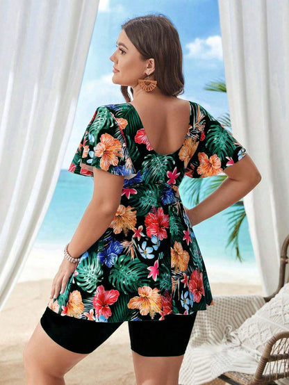 Swim Lushoire Summer Beach Plus Size Tropical Print V-Neck Drawstring Ruched Swimwear Set