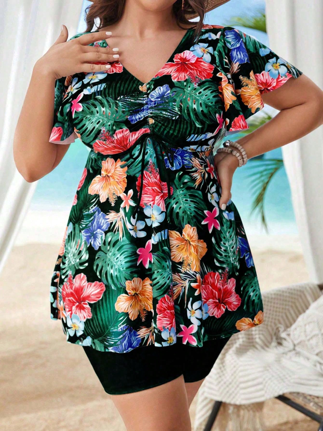 Swim Lushoire Summer Beach Plus Size Tropical Print V-Neck Drawstring Ruched Swimwear Set