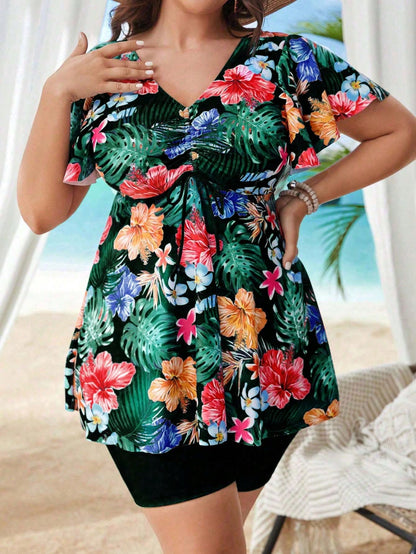 Swim Lushoire Summer Beach Plus Size Tropical Print V-Neck Drawstring Ruched Swimwear Set