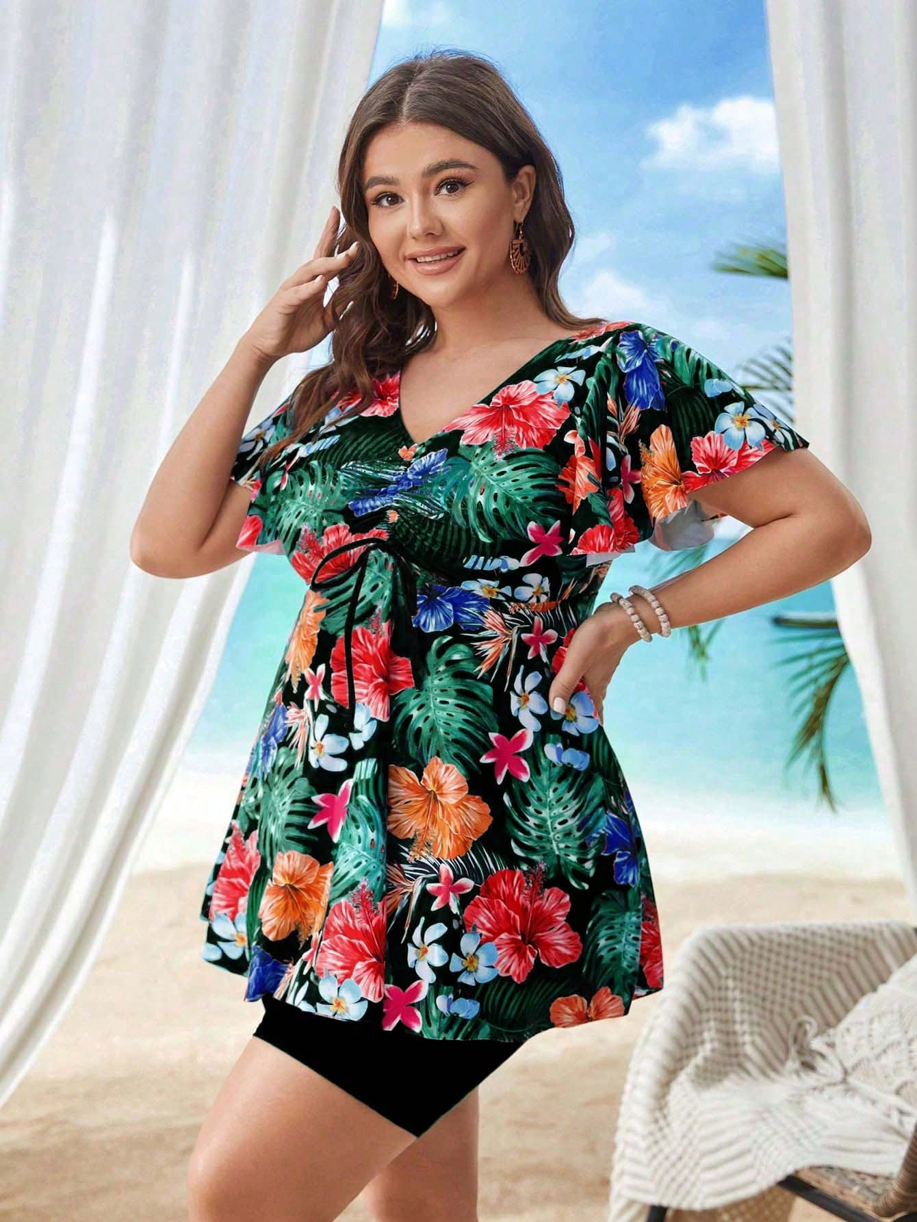Swim Lushoire Summer Beach Plus Size Tropical Print V-Neck Drawstring Ruched Swimwear Set