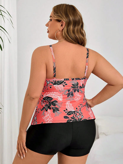Swim Lushoire Summer Plus Size 2 Pieces Set- Scoop Neck Ruffled Trim Floral Print Cropped Tank Top And Solid Black Boyshort Bottoms