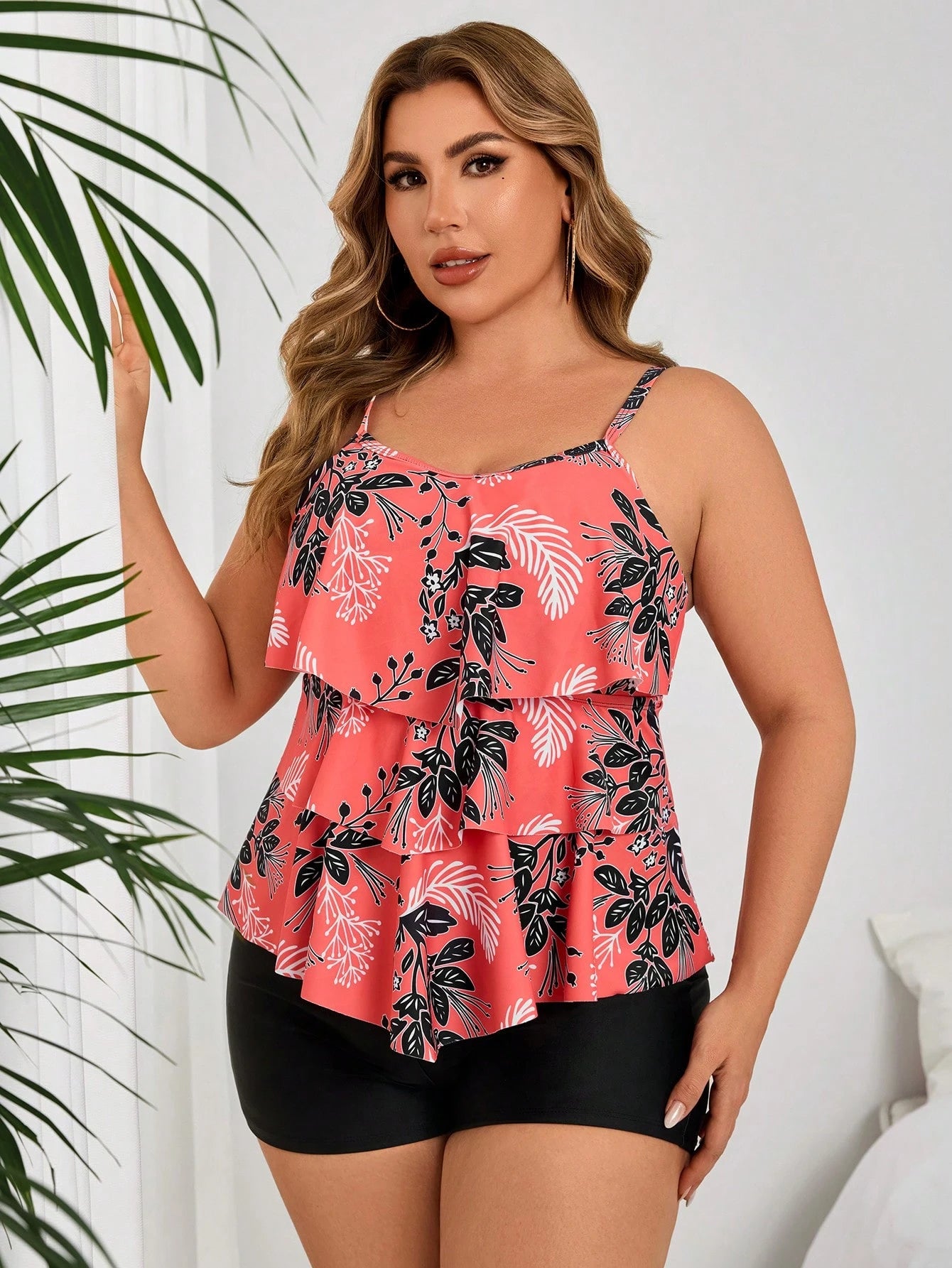 Swim Lushoire Summer Plus Size 2 Pieces Set- Scoop Neck Ruffled Trim Floral Print Cropped Tank Top And Solid Black Boyshort Bottoms