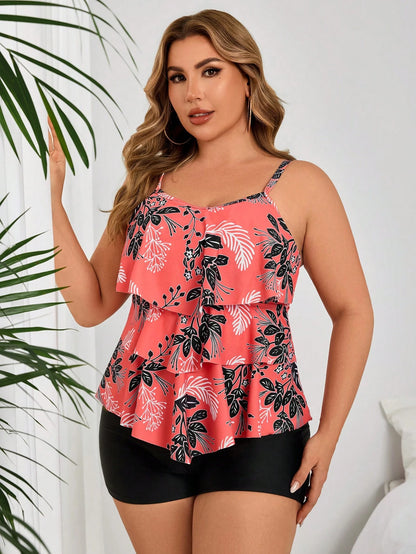 Swim Lushoire Summer Plus Size 2 Pieces Set- Scoop Neck Ruffled Trim Floral Print Cropped Tank Top And Solid Black Boyshort Bottoms
