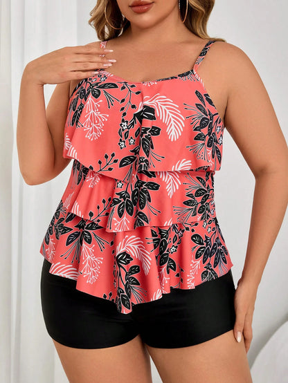 Swim Lushoire Summer Plus Size 2 Pieces Set- Scoop Neck Ruffled Trim Floral Print Cropped Tank Top And Solid Black Boyshort Bottoms