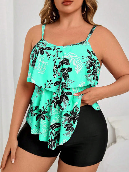 Swim Lushoire Summer Plus Size 2 Pieces Set- Scoop Neck Ruffled Trim Floral Print Cropped Tank Top And Solid Black Boyshort Bottoms