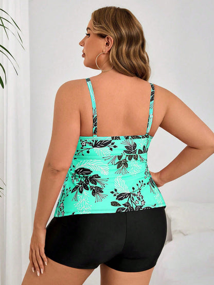 Swim Lushoire Summer Plus Size 2 Pieces Set- Scoop Neck Ruffled Trim Floral Print Cropped Tank Top And Solid Black Boyshort Bottoms
