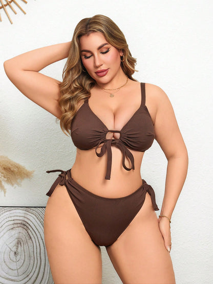 Swim Lushoire Summer Plus Size Adjustable Bra Cup & Shoulder Strap Casual Vacation Bikini Set