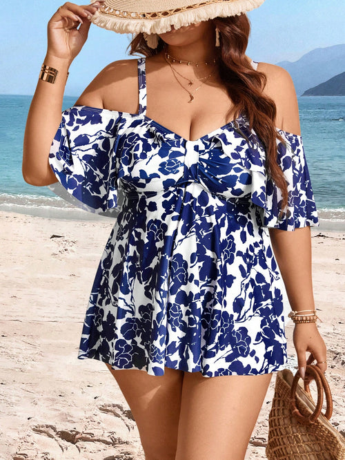 Swim Lushoire Summer Plus Size Random Print Cold Shoulder Adjustable Strap 2pcs Modest & Fashionable Tankini Swimwear