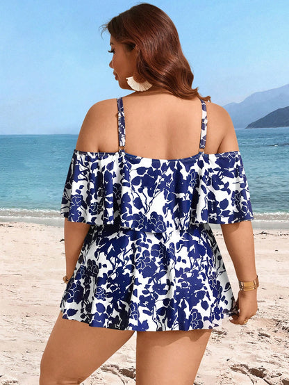 Swim Lushoire Summer Plus Size Random Print Cold Shoulder Adjustable Strap 2pcs Modest & Fashionable Tankini Swimwear