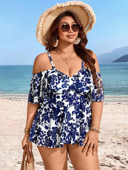 Swim Lushoire Summer Plus Size Random Print Cold Shoulder Adjustable Strap 2pcs Modest & Fashionable Tankini Swimwear