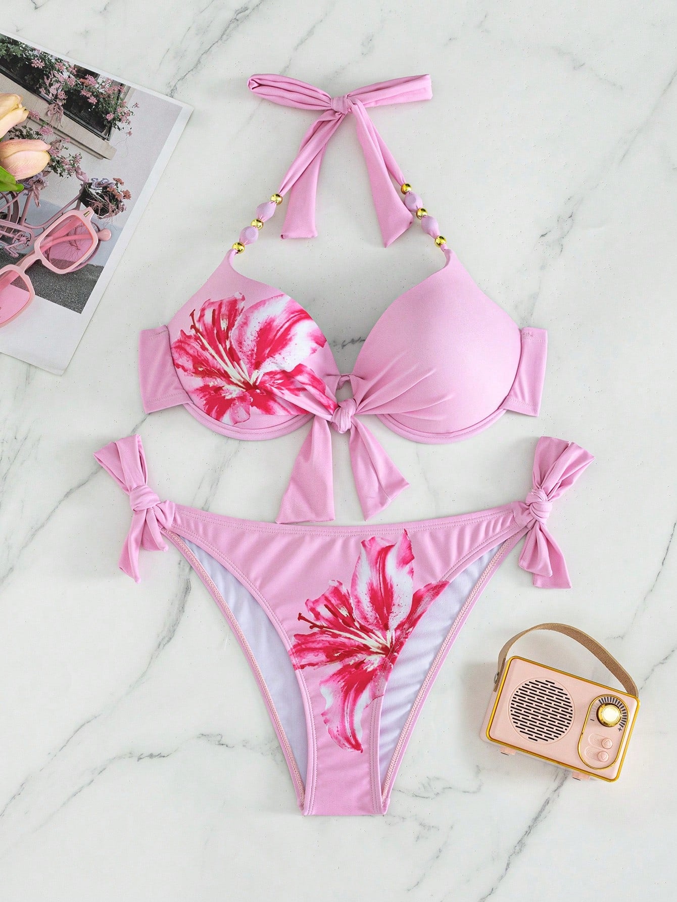 Swim Lushoire Two-Piece Swimsuit PUSH UP Gathered With Underwire Random Print
