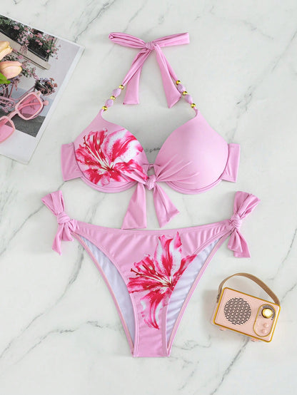 Swim Lushoire Two-Piece Swimsuit PUSH UP Gathered With Underwire Random Print