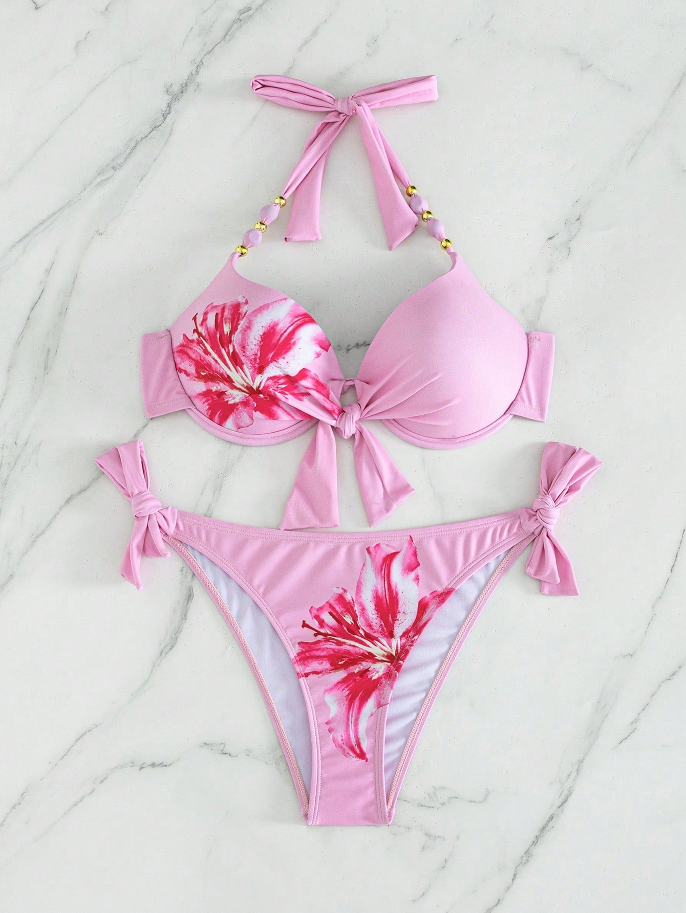 Swim Lushoire Two-Piece Swimsuit PUSH UP Gathered With Underwire Random Print