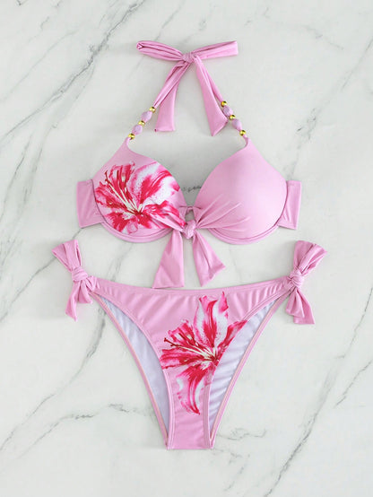 Swim Lushoire Two-Piece Swimsuit PUSH UP Gathered With Underwire Random Print