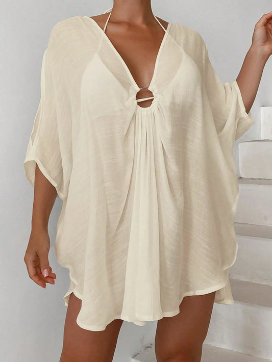 Swim Lushoire Women's Solid Color Elegant Loose Casual Cover Up, Suitable For Leisure And Vacation Summer