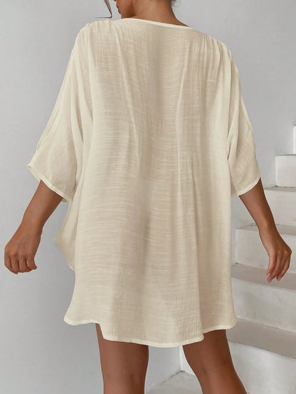 Swim Lushoire Women's Solid Color Elegant Loose Casual Cover Up, Suitable For Leisure And Vacation Summer