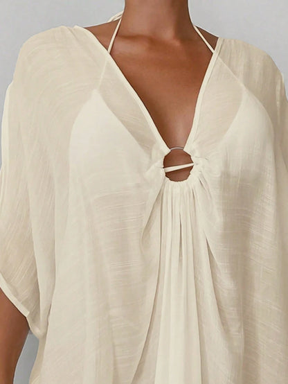 Swim Lushoire Women's Solid Color Elegant Loose Casual Cover Up, Suitable For Leisure And Vacation Summer