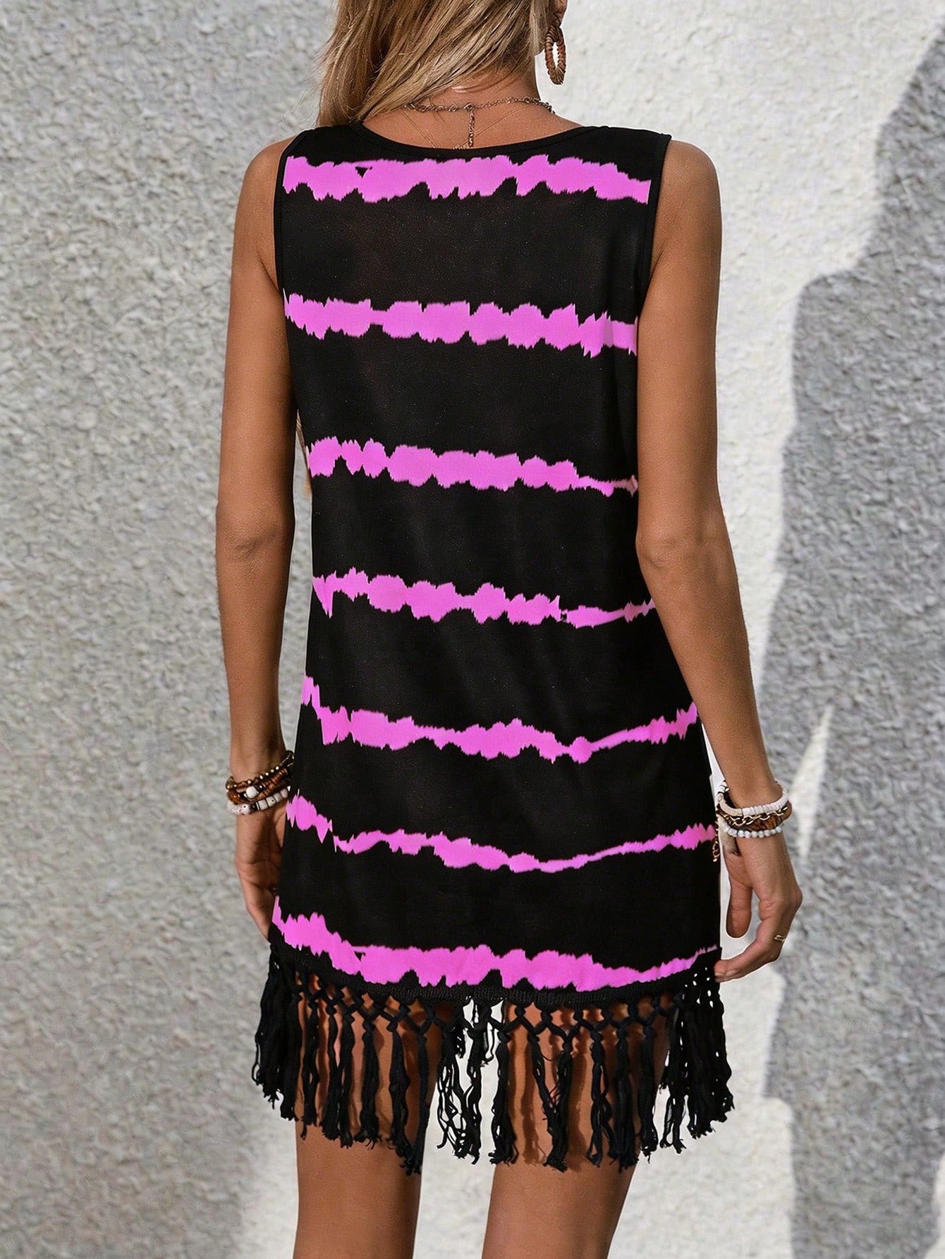 Swim Lushoire Women's Summer Striped Print Tassel Hem Sleeveless Cover-Up Dress