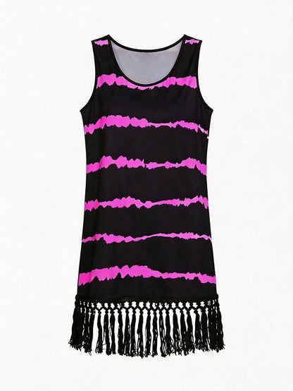 Swim Lushoire Women's Summer Striped Print Tassel Hem Sleeveless Cover-Up Dress