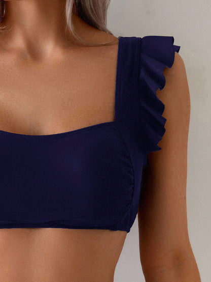 Swim Lushoire Women's Swimwear Set, Square Neck Bandeau Solid Color Set, Ruffle Strap