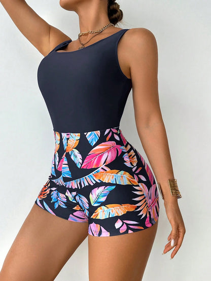 Swim Lushoire Women's Vacation Beach Vacation Botanical Print Patchwork One-Piece Swimsuit Navy Blue Summer Tropical