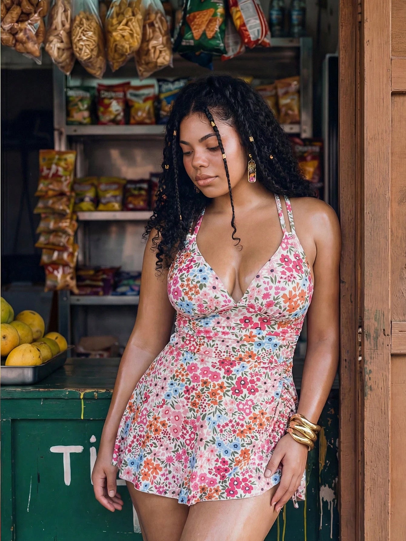 Swim Mod 2026 New Floral Print Drawstring V-Neck Ruffle Hem Plus Size 2-Piece Swimsuit Set, Sexy Women Beach & Holiday Outfit, Summer