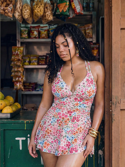 Swim Mod 2026 New Floral Print Drawstring V-Neck Ruffle Hem Plus Size 2-Piece Swimsuit Set, Sexy Women Beach & Holiday Outfit, Summer