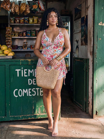 Swim Mod 2026 New Floral Print Drawstring V-Neck Ruffle Hem Plus Size 2-Piece Swimsuit Set, Sexy Women Beach & Holiday Outfit, Summer
