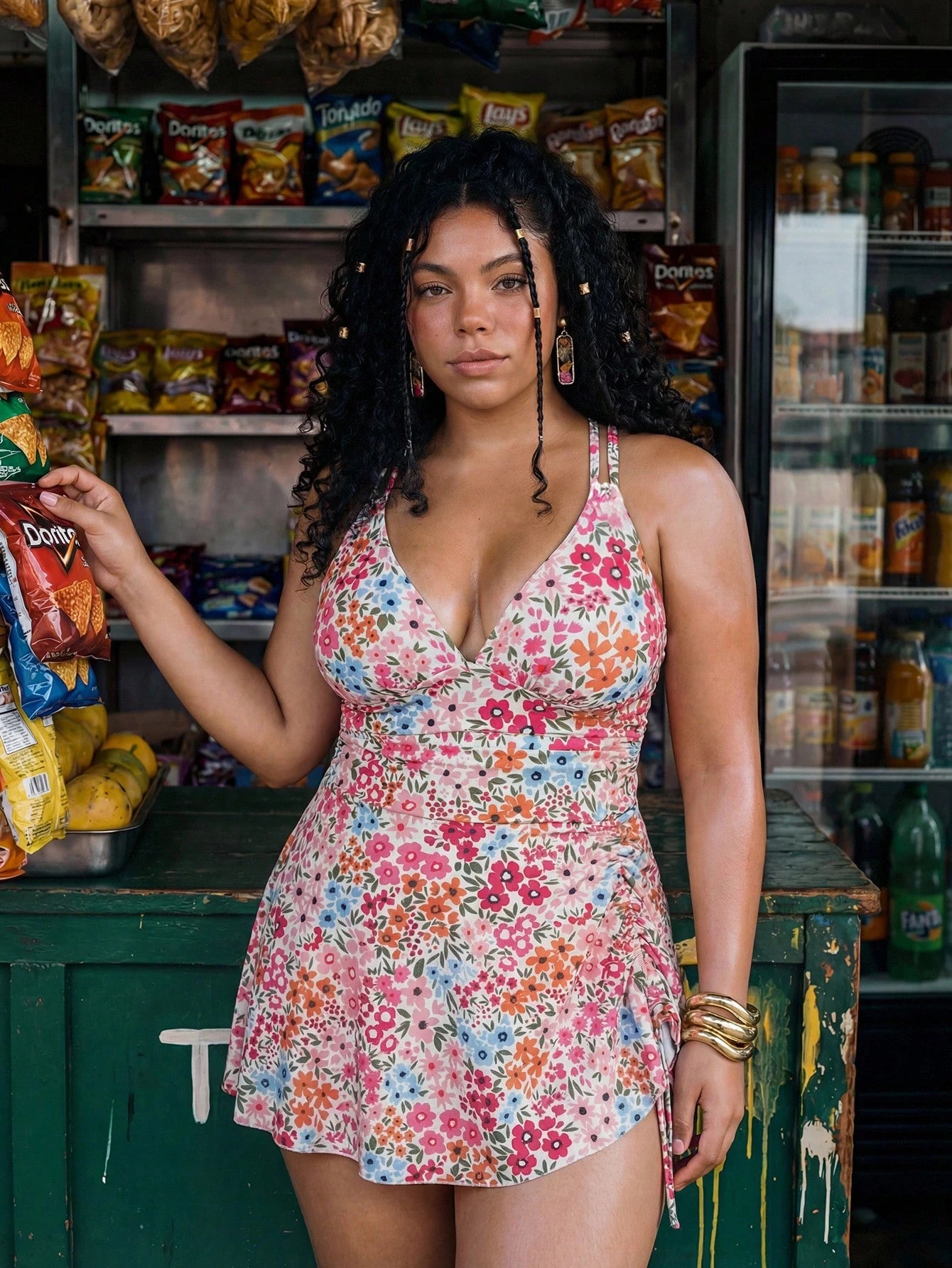 Swim Mod 2026 New Floral Print Drawstring V-Neck Ruffle Hem Plus Size 2-Piece Swimsuit Set, Sexy Women Beach & Holiday Outfit, Summer
