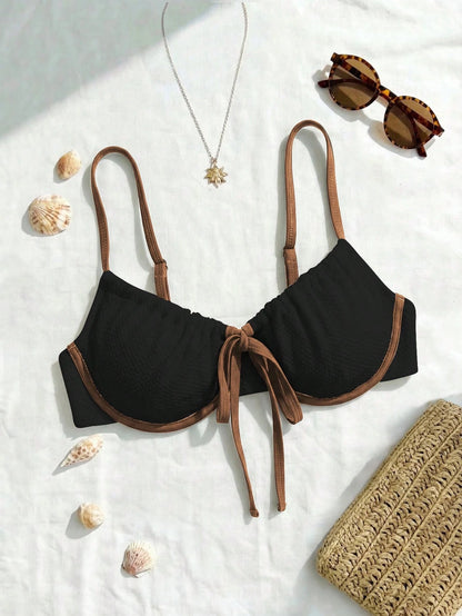 Swim Mod 2026 New Plus Size Women 1 Piece Contrast Color Steel Bra Casual Swimwear Top