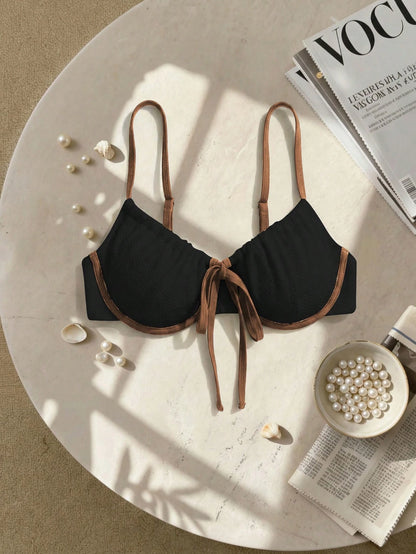 Swim Mod 2026 New Plus Size Women 1 Piece Contrast Color Steel Bra Casual Swimwear Top