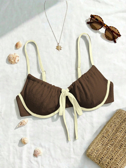 Swim Mod 2026 New Plus Size Women 1 Piece Contrast Color Steel Bra Casual Swimwear Top