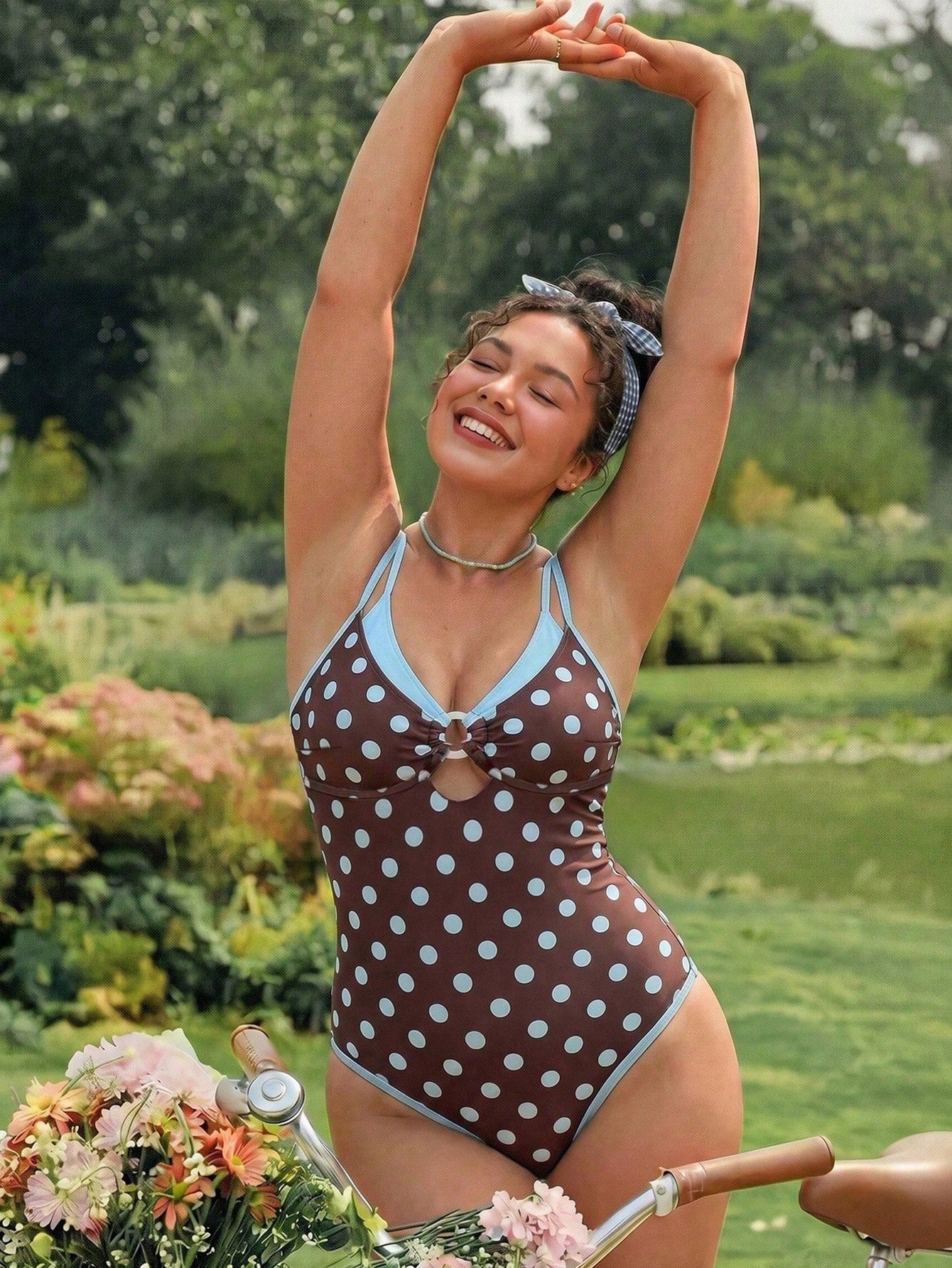 Swim Mod 2026 New Spring/Summer Plus Size One-Piece Polka Dot Random Print Large Scoop Neck Front Center White Ring Design Dual-Color Detachable Shoulder Strap Women's One-Piece Swimsuit Suitable For